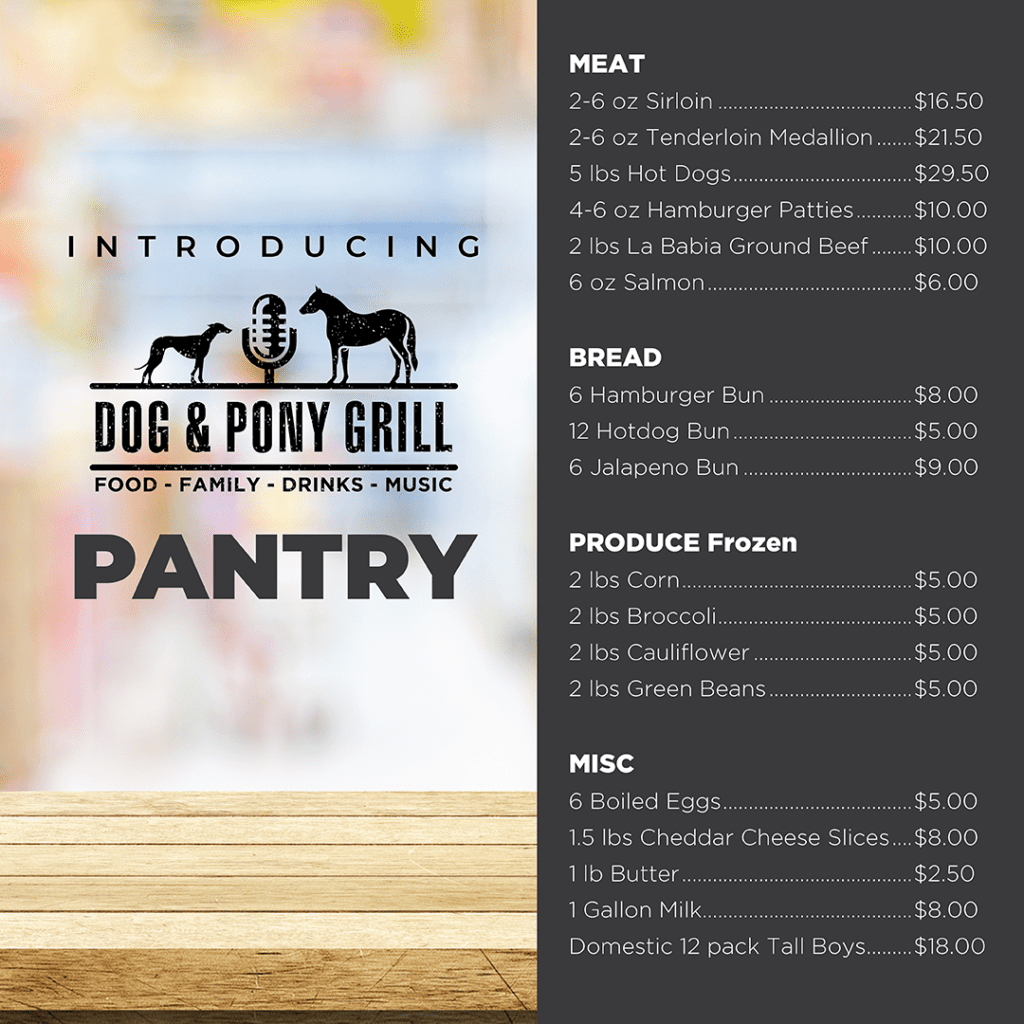 pdf with pantry options from Dog and Pony Grill